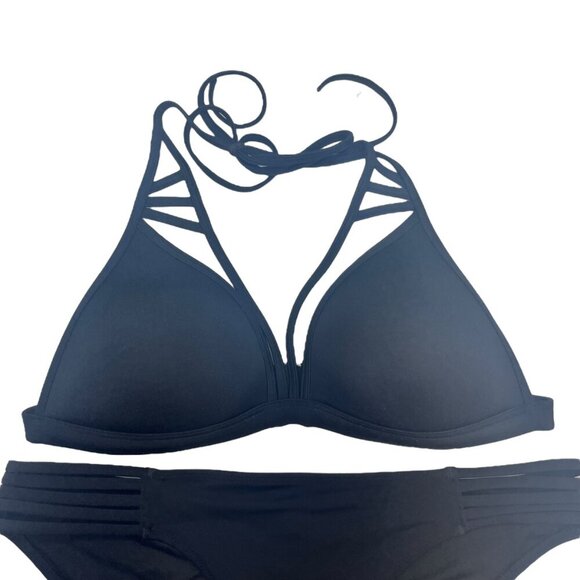 VICTORIA'S SECRET Bikini Medium Black Strappy Padded Top & Cheeky Bottom 2 Piece - Picture 5 of 10